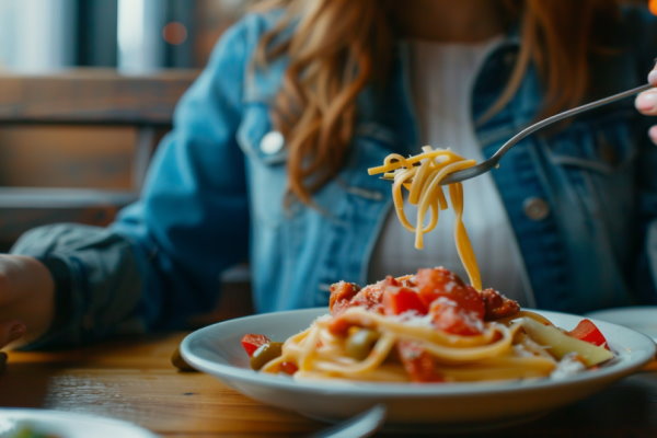 تصویر دختری در حال خوردن اسپاگتی