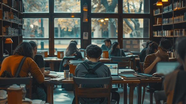 گروهی از دانشجویان در کتابخانه مشغول مطالعه هستند – انتگرال جز به جز جدولی