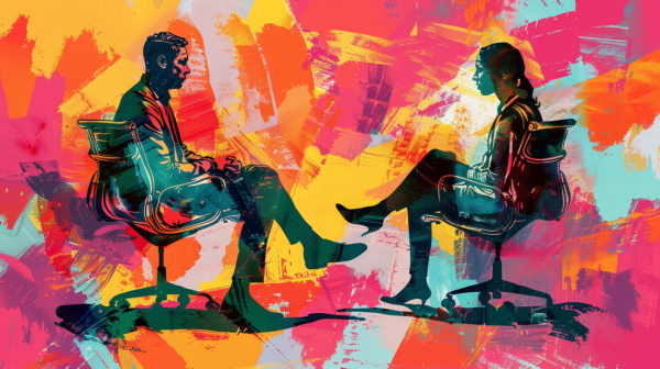 تصویر زن و مردی در حال مکالمه و نشسته روی صندلی