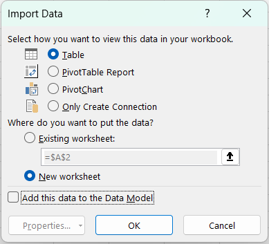 پنجره Import Data در اکسل