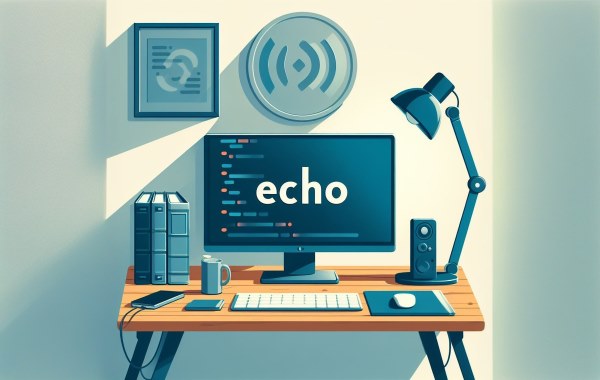 مانیتوری بر روی میز کار که کلمه echo در مرکز صفحه آن دیده می‌شود - echo در PHP