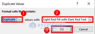 مراحل وارد کردن تنظیمات در پنجره Duplicate Values که در سه مرحله برای نشان گذاری کردن اعداد تکراری در اکسل با رنگ قرمز شماره گذاری شده است.