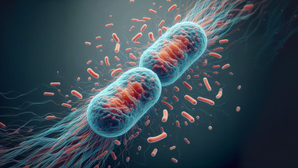دو سلول باکتری در تقسیم دوتایی از هم جدا می‌شود. 