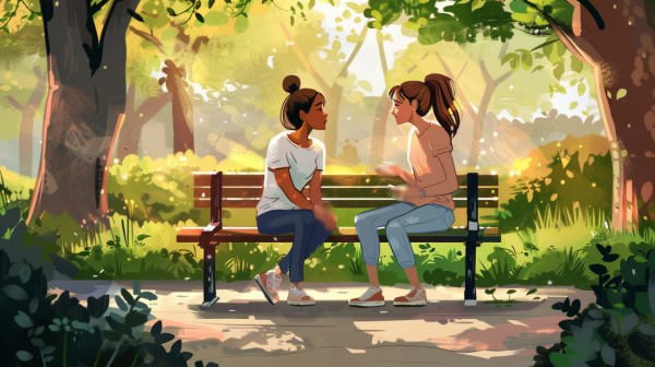 تصویر دو دختر در حال مکالمه در پارک