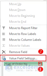 باز کردن منو و انتخاب Value Field Settings که با کادر قرمز و شماره گذاری مشخص شده اند.