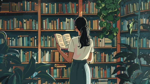 تصویر بانویی در کتابخانه درحال خواندن کتاب