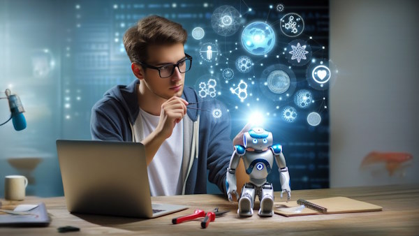مردی در حال انتقال اطلاعات به ربات هوش مصنوعی است - تفاوت هوش مصنوعی و یادگیری عمیق