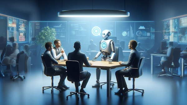 ربات هوش مصنوعی در حال صحبت با افراد فعال در حوزه کسب و کار است