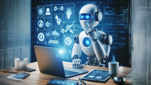 ربات هوش مصنوعی در حال کار با لپتاپ و فکر کردن است - تفاوت هوش مصنوعی و یادگیری عمیق