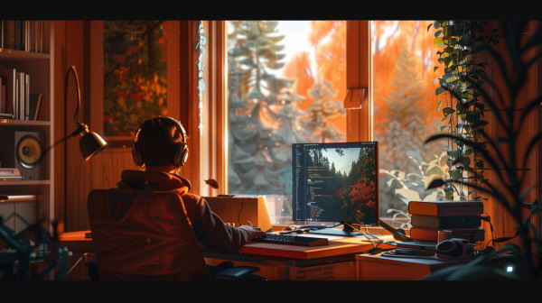 پسری درحال کار با کامپیوتر رو به پنجره نشسته است. - کتابخانه های گرافیکی پایتون
