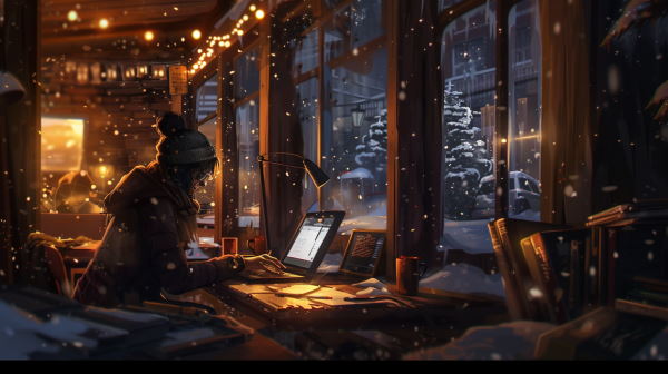 دختر برنامه نویسی می‌کند. شب است و برف می بارد