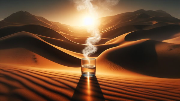 یک لیوان آب روی شن های بیابان زیر نور آفتاب در حال بخار شدن آب