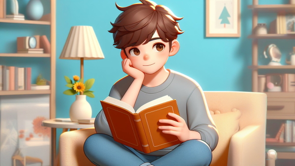 یک پسر نشسته روی مبل با یک کتاب در دست در حال فکر کردن - فرمول های ریاضی هشتم