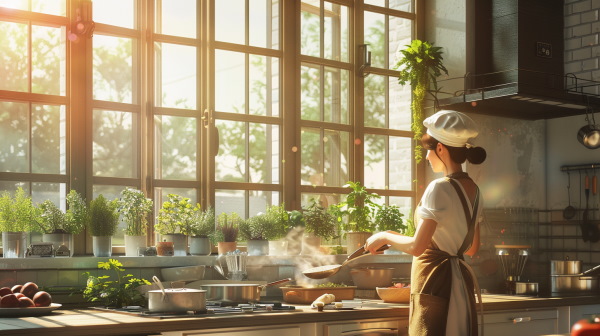 خانمی در حال آشپزی در یک آشپزخانه بسیار بزرگ و نورگیر 