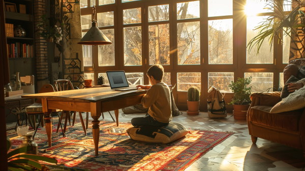 پسری در حال کار کردن با لپ‌تاپ در یک اتاق روشن و بسیار نورگیر