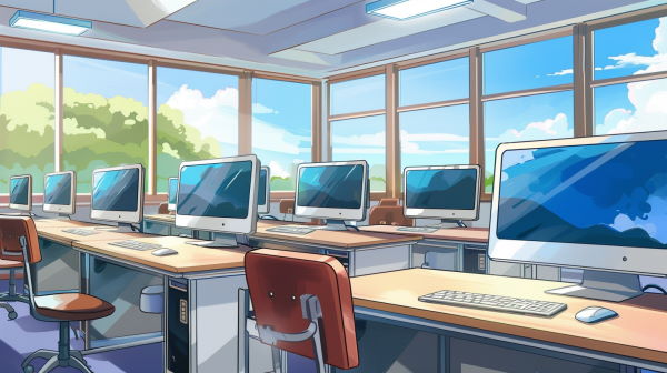 یک کلاس با پنجره‌های بزرگ و پر از کامیوتر برای هر دانش آموز