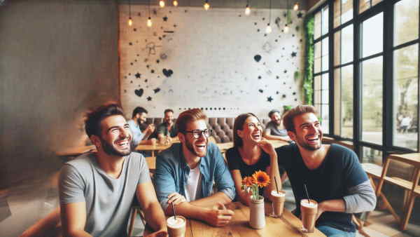 گروهی از دوستان که در یک کافه نشسته‌اند و در حال خندیدن در کنار یکدیگر هستند. 