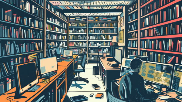 یک نفر به تنهایی در کتابخانه با کامپیوتر کار می‌کند