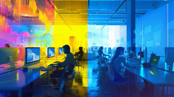 فضا به دو رنگ آبی و زدی تقسیم شده و در هر دو طرف عده‌ای درحال کار با کامپیوتر هستند.