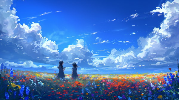 دو دختر که در حال صحبت کردن با یکدیگر در یک دشت زیبا و پر از گل‌های رنگی است. 