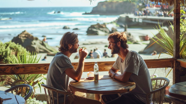 دو مرد که در یک کافه زیبا در حال صحبت کردن با یکدیگر هستند. 