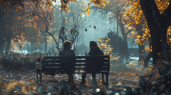 دو نفر که در حال صحبت کردن با یکدیگر در یک پارک زیبا و بزرگ هستند. 