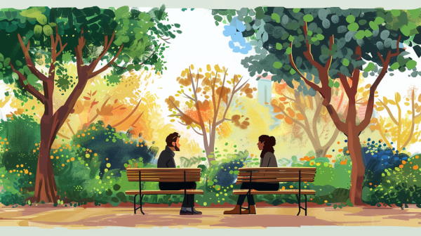 دو نفر در حال صحبت کردن با یکدیگر در یک پارک بسیار زیبا و بزرگ است. 