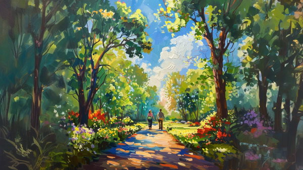دو نفر در حال حرکت کردن و راه رفتن در مسیری زیبا و سبز پارک جنگلی