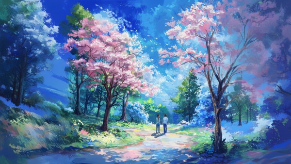 دو نفر که در حال قدم زدن در پارکی بسیار بزرگ و زیبا زیر آسمان آبی هستند. 