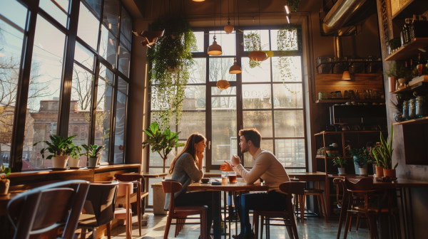 دو نفر که در یک کافه زیبا و بزرگ نشسته‌اند و در حال صحبت کردن با یکدیگر هستند. 