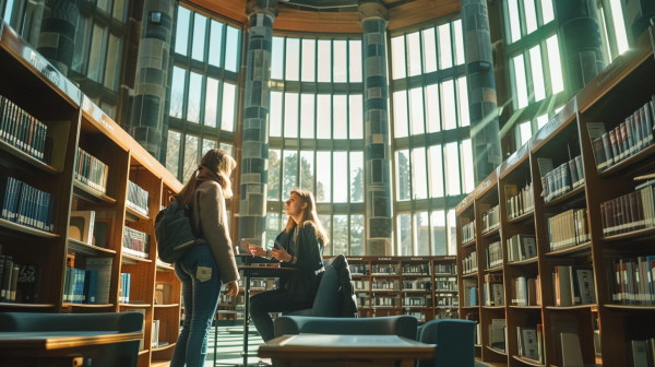 دو دانش‌آموز که در حال صحبت کردن با یکدیگر در یک کتابخانه بزرگ و نورگیر هستند. 