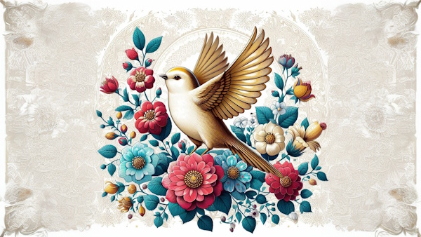 یک پرنده در میان گل ها با پس زمینه نقوش سنتی ایرانی