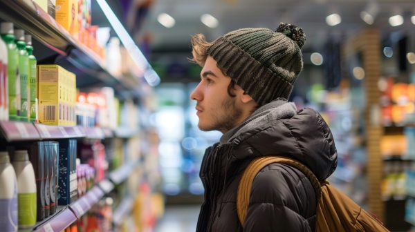 پسر جوان در فروشگاه در حال نگاه به محصولات