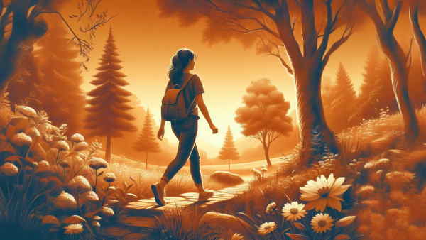 دختری در حال راه رفتن در جنگل با کوله‌پشتی 