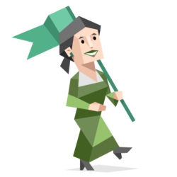 خانمی در حال راه رفتن در حالی‌که پرچم سبزی در دست دارد. 