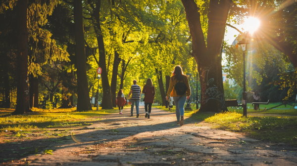 گروهی از افراد در پارکی زیبا در حال پیاده‌روی هستند. 