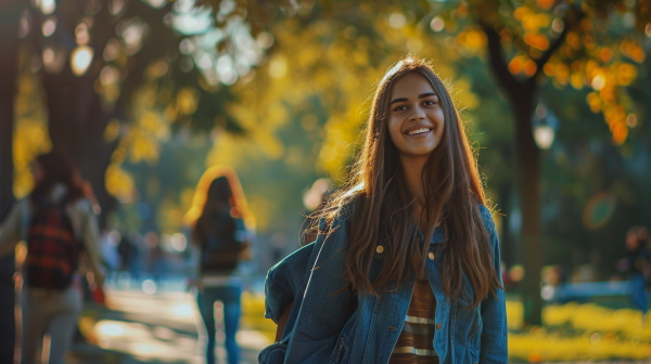 دختری در حال لبخند زدن در پارک 