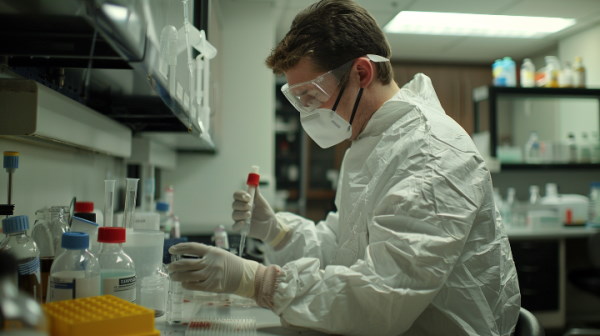 مردی در آزمایشگاه زیست‌شناسی آزمایش انجام می‌دهد