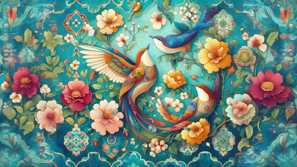 پرنده ها و گل های رنگارنگ و کاشی سبز آبی ایرانی-فعل مجهول چیست