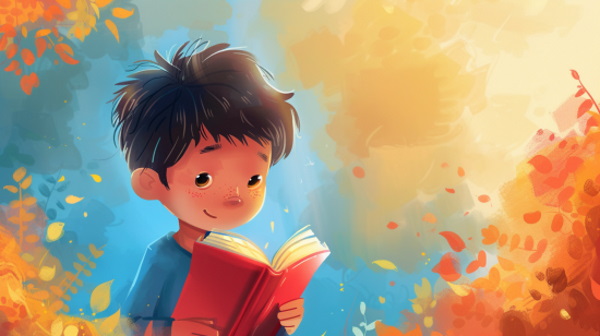 تصویر پسر‌بچه‌ای که کتاب می‌خواند.