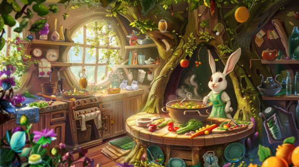 تصویر خرگوشی که در خانه‌ای درختی سوپ می‌پزد.