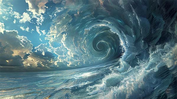 تصویری از موج دریا به صورت دروانی که در آن مفهوم نیروی کوریولیس را نیز می توان مشاهده کرد. 