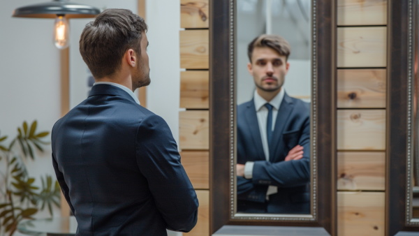 مردی در حالت دست‌به‌سینه در حال نگاه کردن به آینه