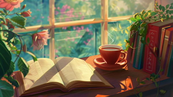تصویر یک فنجان چای که در کنار کتابی قرار دارد.