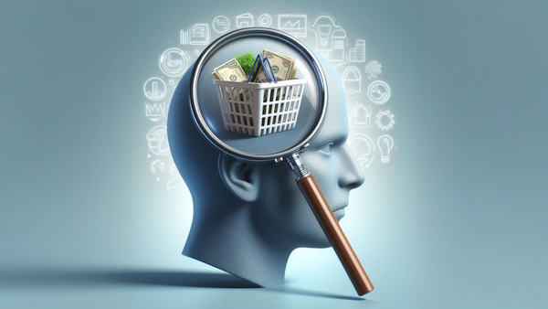 تصویر ذره بین متمرکز بر مغز یک آدمک که سبد خرید را نشان می‌دهد - بینش مشتری چیست