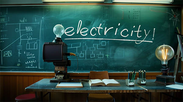 تخته ای در کلاس درس که روی آن کلمه ‌electricity نوشته شده است