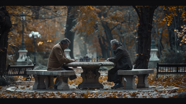پیرمردهایی که در بازی شطرنج در پارک هستند. 