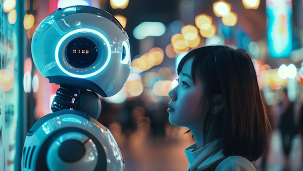 دختری که به ربات هوش مصنوعی زل زده است