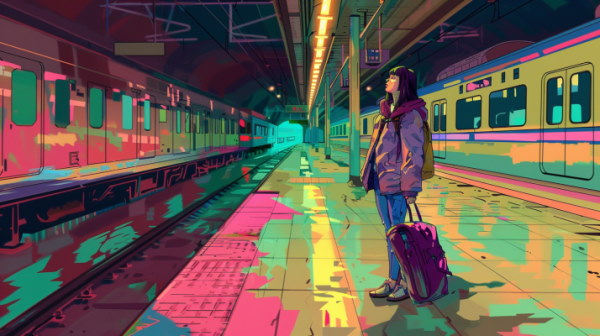 تصویر دختری که در ایستگاه قطار ایستاده است.