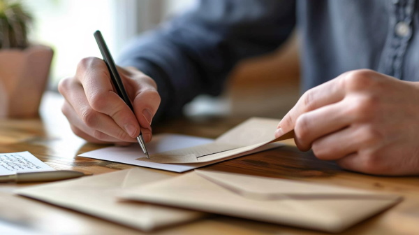 تصویر دست‌های فردی که در حال نوشتن روی پاکت نامه است.